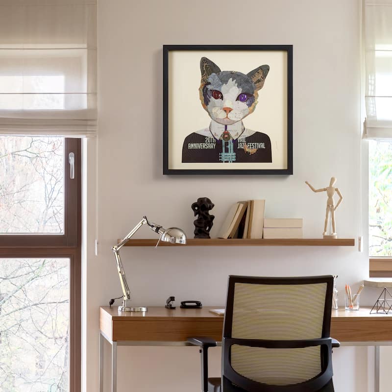 "Funky Cat 2" Dimensional Collage Framed Graphic Art Under Glass Wall Art