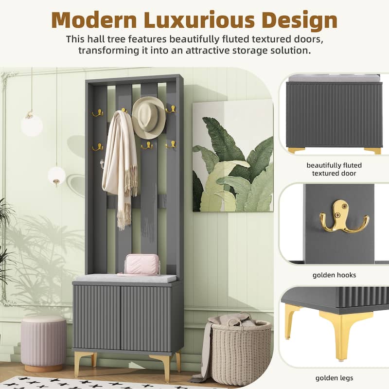 4-in-1 Coat Rack with 8 Gold Hooks,Cushion,Legs and Adjustable Shelves