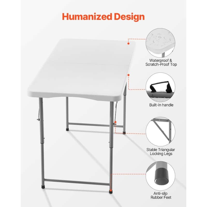 4ft White Portable Folding Camping Table with Adjustable Height for Picnic BBQ Party and Outdoor Use