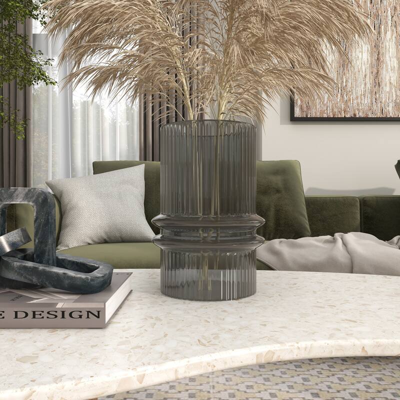 Gray Glass Wide Ribbed Candle Holder with Fluted Center