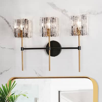 Kasy Modern 3-Light Bathroom Vanity Light Glass Wall Sconces - Smoke Grey&Gold - 21.6"L x 5.9"W x 15"H