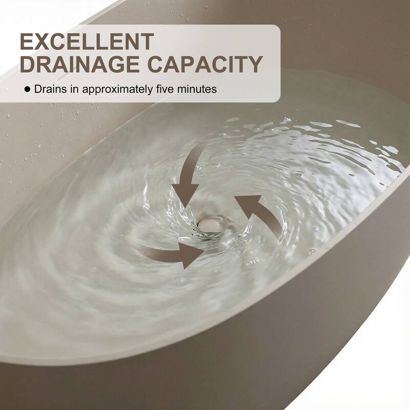 Luxury Solid Surface Freestanding Soaking Bathtub with Center Drain and Pop-up Drain, Modern Beige Tub with Overflow
