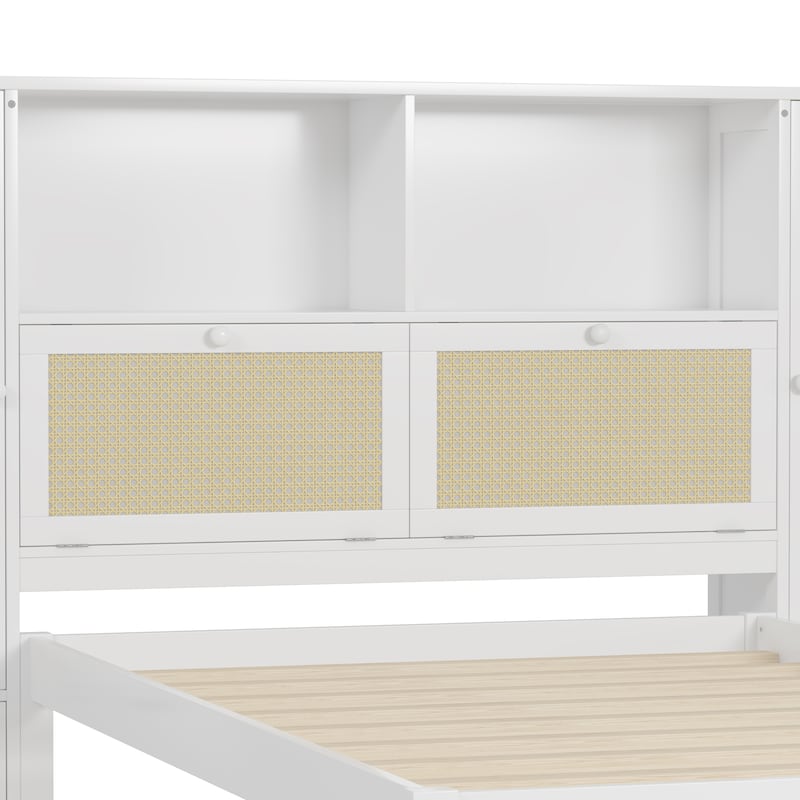 Twin Size Wooden Platform Bed with Storage Lockers, Drawer, and Headboard Shelf, Natural Rattan Design, White