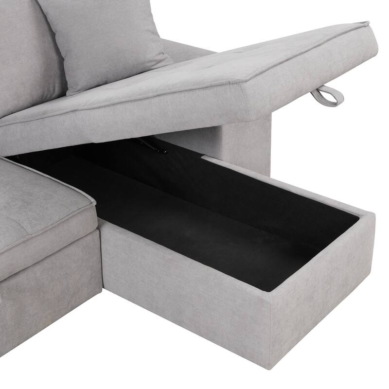 104.5" Linen L-Shaped Sectional Sofa with Pull-Out Bed and Storage Chaise, Includes 2 Stools
