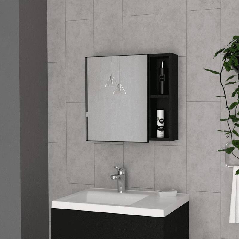 18" High Medicine Cabinet with Mirror, White Single Door Cabinet, Two External Shelves, Three Interior Shelves - 19.6X5.5 in - Black + Particle Board
