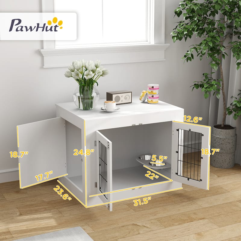 PawHut Dog Crate Furniture w/ 360° Rotatable Removable Dog Bowls, Dog Kennel Furniture w/ Two Doors, Non-slip Foot Pads
