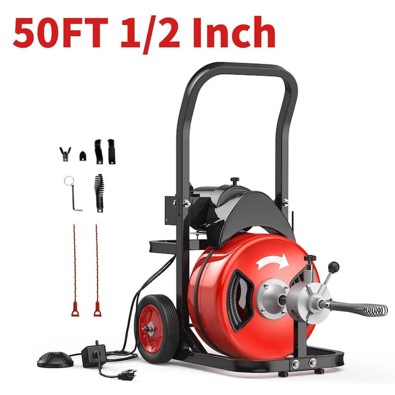 50FT 1/2 Inch Portable Electric Drain Auger, Drain Cleaning Machine - Red