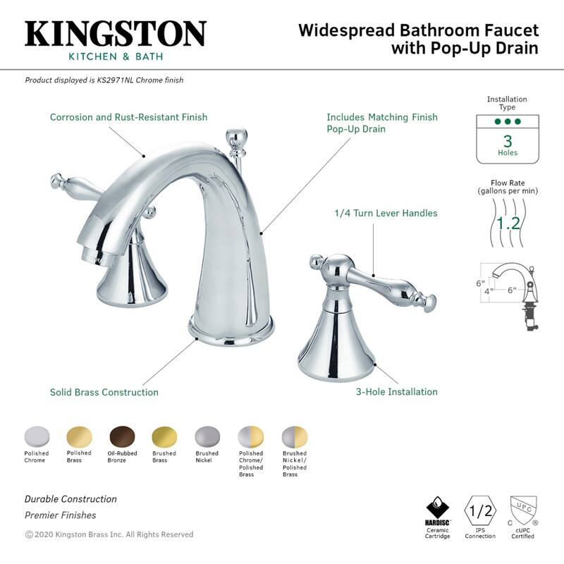 Kingston Brass Naples Deck Mount Widespread Bathroom Faucet with Brass Pop-Up