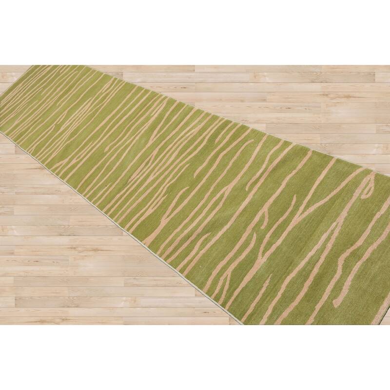 Lime Hand Knotted Wool Runner Graphic Tibetan Rug 2'8"x9'10" - 2' 8'' x 9' 10''