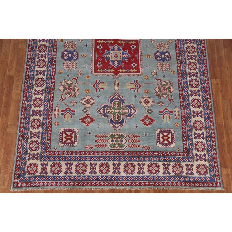 Hand Knotted Oriental 100% Wool Carpet Traditional Geometric Navy Blue & Blues Kazak Area Rug - 9' 8'' X 6' 8''