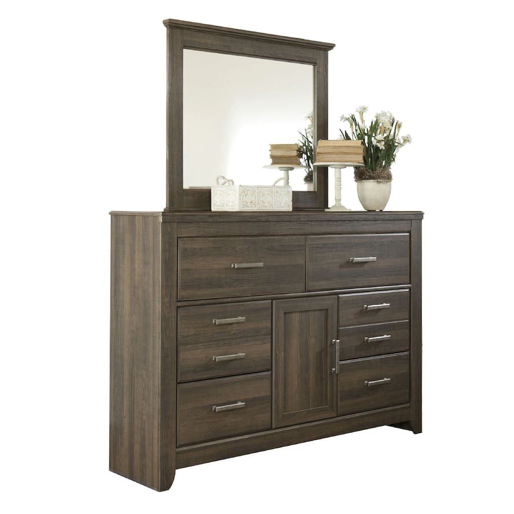 Rye 2pc Dresser and Mirror Set, 6 Drawers w Cabinet, Dark Brown
