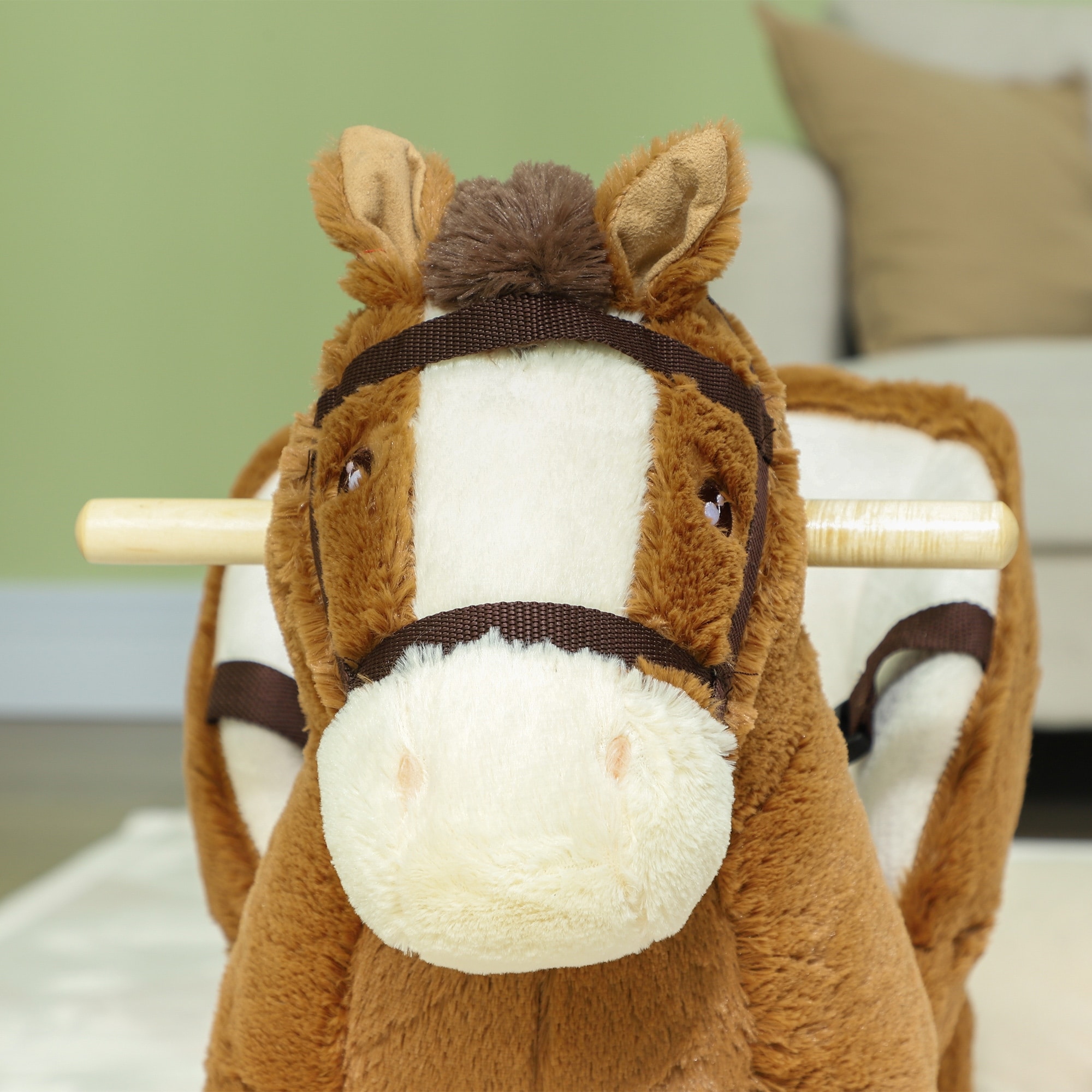 Qaba Baby Rocking Horse, Plush Animal Rocker with Sound, Wooden - Main Image