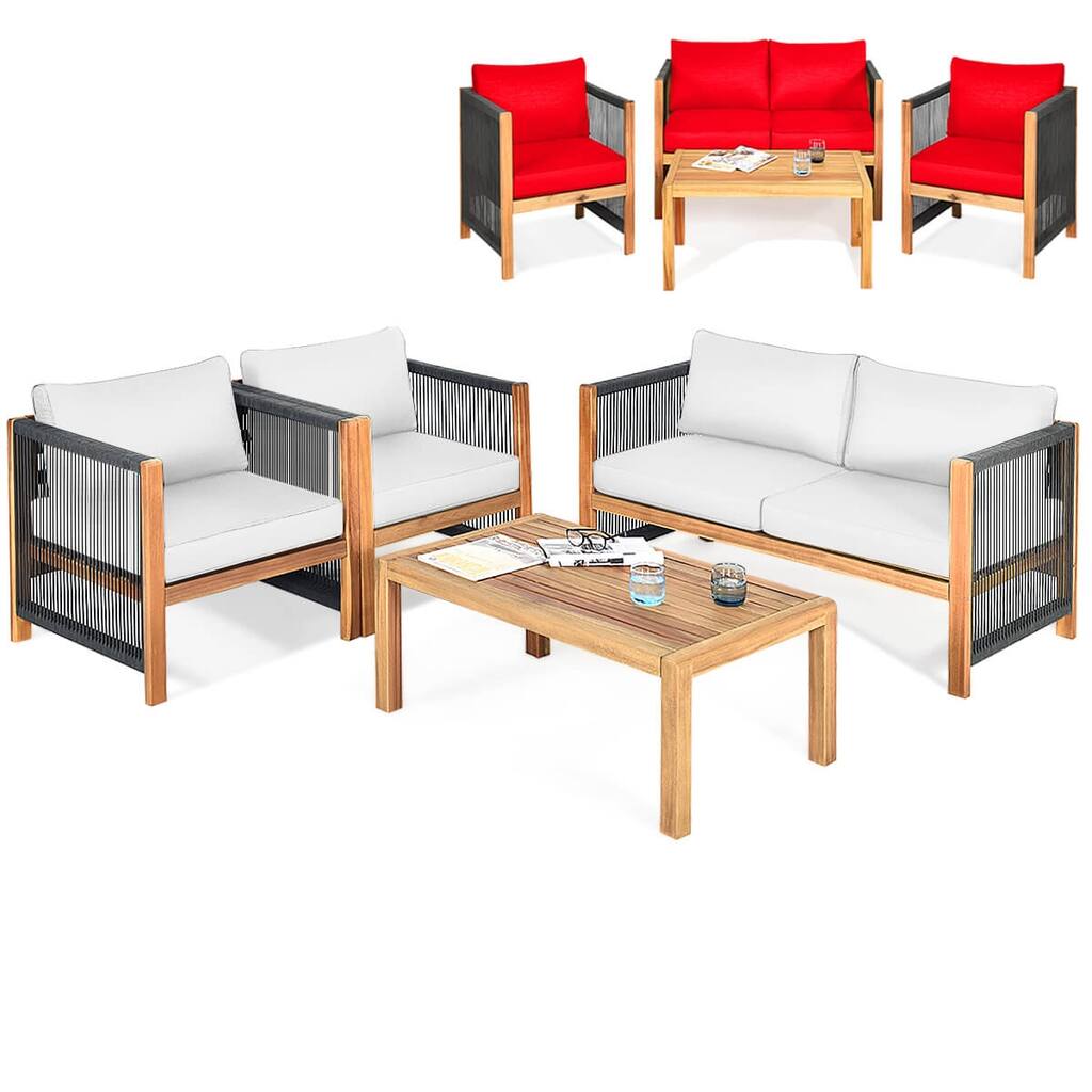 Costway 4 PCS Wood Outdoor Patio Furniture Set with Cushions White Red - See Details