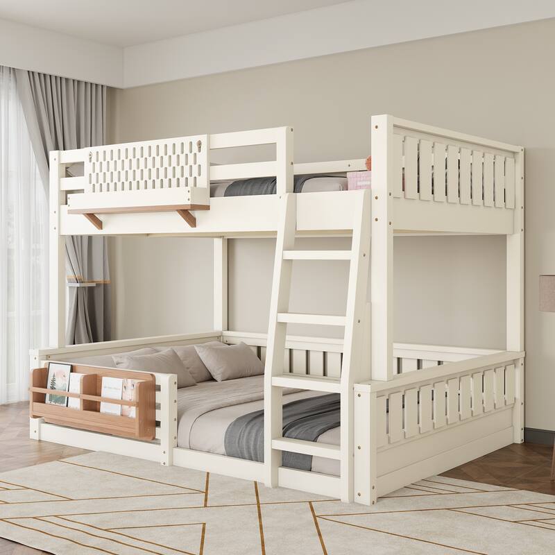 Full XL over Queen/Full over Queen Bunk Bed with Ladder and Guardrails, Pegboard and bookshelf