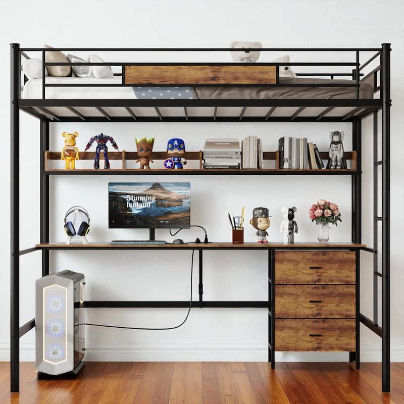 Twin Size Loft Bed with L-Shaped Desk, Metal Frame with Charging Station, Fabric Drawers & Shelves, Safety Guardrail