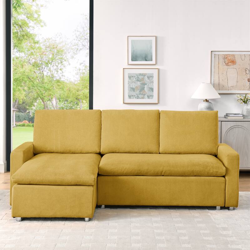 90" L Shaped Convertible Sleeper Sofa Bed with Pull Out, Reversible Chaise and Storage, Yellow Corduroy