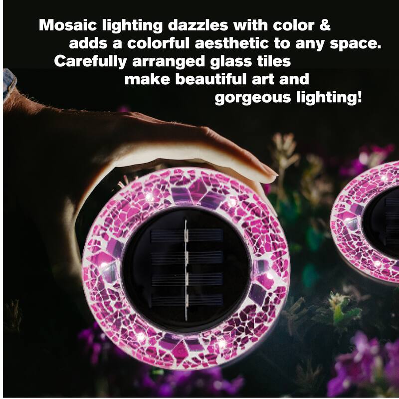 Bell + Howell 6 LED Round Fuchsia Mosaic Solar Powered Disk Lights with Auto On/Off - 8 Pack - Red