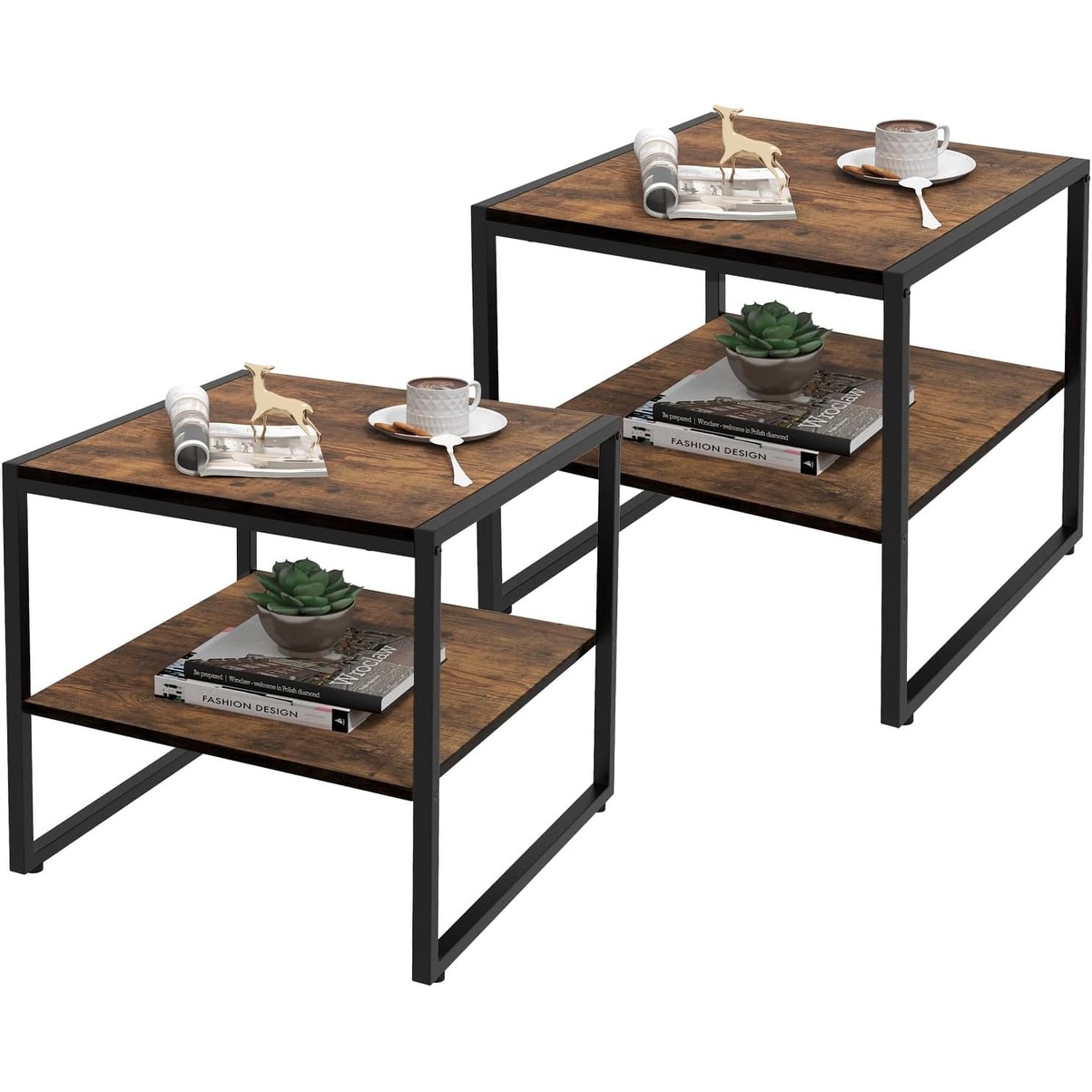 Set of 2 Industrial Rustic Brown Metal Frame 2-Tier Square End Tables with Open Shelf for Living Room, Bedroom, Small Spaces