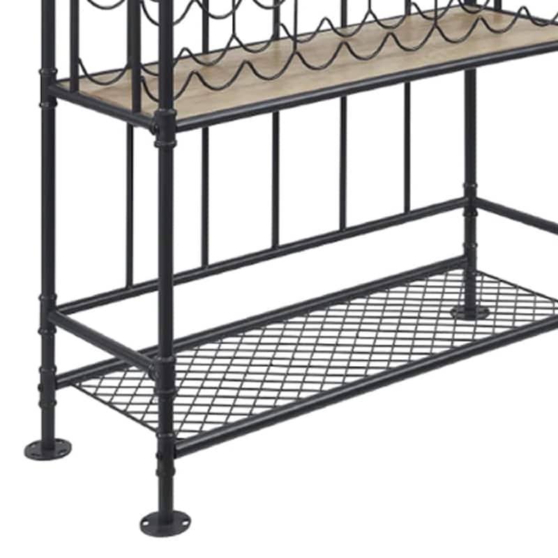 Ada 73 Inch Wine Bar Metal Rack With Shelves, Stemware, Oak Brown