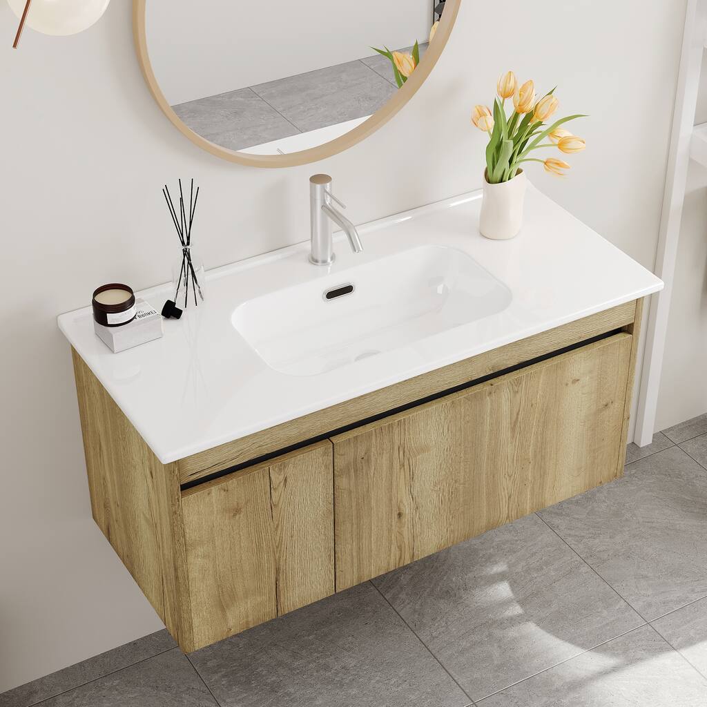 36" Floating Bathroom Vanities with Single Sink, Retro Style, White Glossy Ceremic Table top, with ample Storage