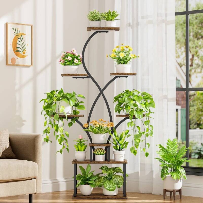 Brown-Black Iron Wood 8-Tier Indoor Tree Plant Stand with Grow Lights and Storage Shelves - 19.68'' L X 10.23'' W x 62” H