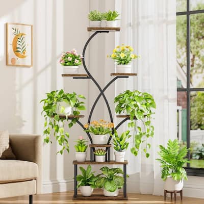 Brown-Black Iron Wood 8-Tier Indoor Tree Plant Stand with Grow Lights and Storage Shelves - 19.68'' L X 10.23'' W x 62” H