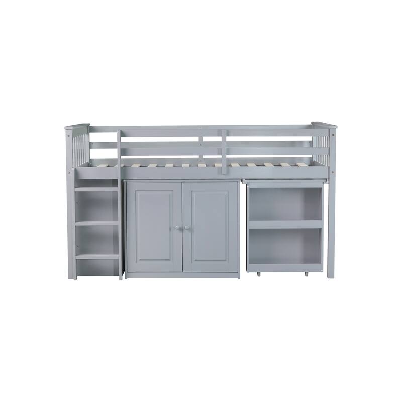 Twin Loft Bed with Storage Cabinet, Drawer and Shelf Cabinet and Pulling-Out Desk, Rubber Wood Loft Bed with Safety Guardrail