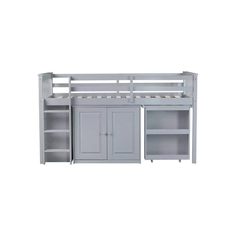 Twin Low Loft Bed Frame Storage Bed with All-in-one Cabinet Shelf Bookcase, Drawers, Guardrail, Ladder Retractable Writing Desk