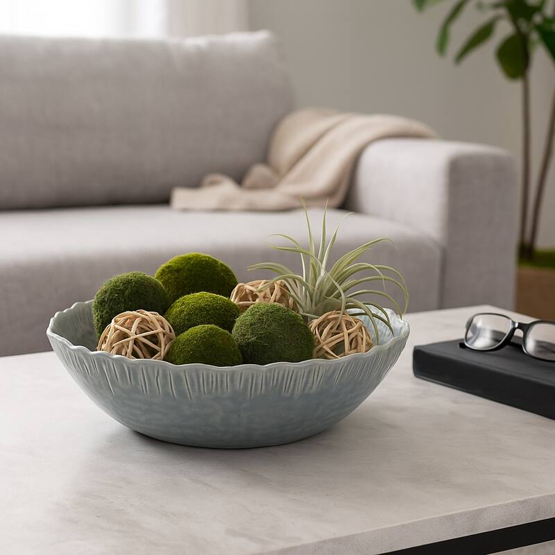 Decorative Round Glazed Wavy Edge Bowl - 15.25", Teal Blue - 15.25"