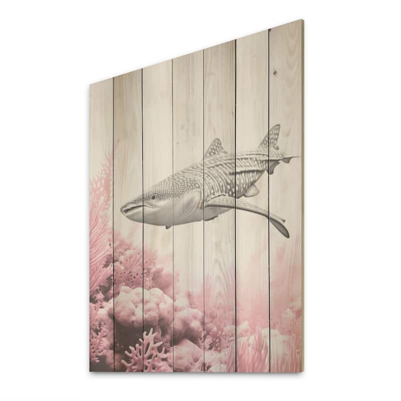 DESIGN ART "Pink And Grey Shark Dance" Shark Wood Wall Decor - Modern Grey Wood Panel On Natural Pine Wood