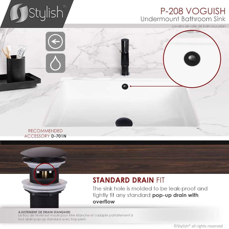 STYLISH 24.5 inches Rectangular Undermount Ceramic Bathroom Sink with 2 Overflow Finishes - 24.5 " x 16.5" x 6.5"