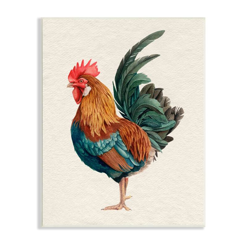 Stupell Traditional Morning Rooster Illustration Elegant Bird Feathers Wood Wall Art, 10 x 15 - Multi-Color - 10 x 15