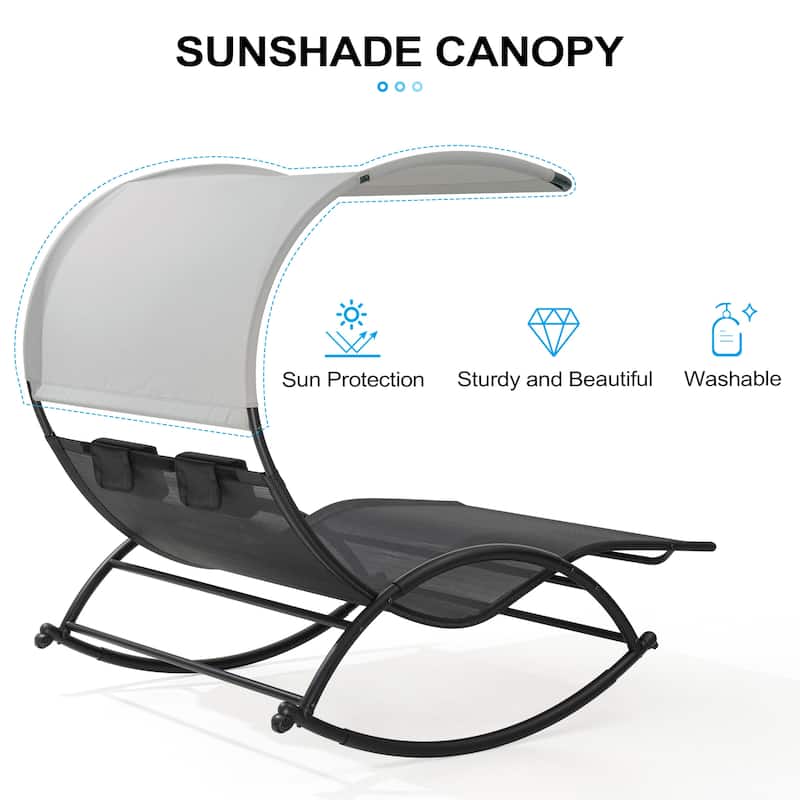 Outdoor Double Sun Bed Chaise Lounge Chair Rocking Bed with Sun Shade & Wheels - 54.5" W x 67.3" D x 65.7" H