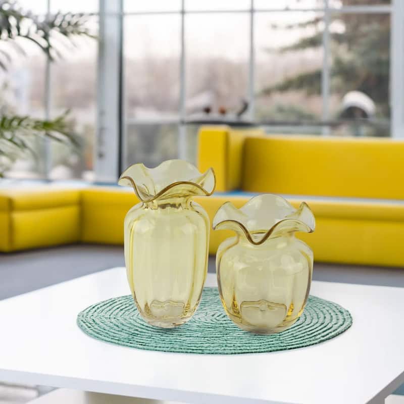 Fleurine Set of 2 Fluted Blooming Decorative Glass Flower Table Vases