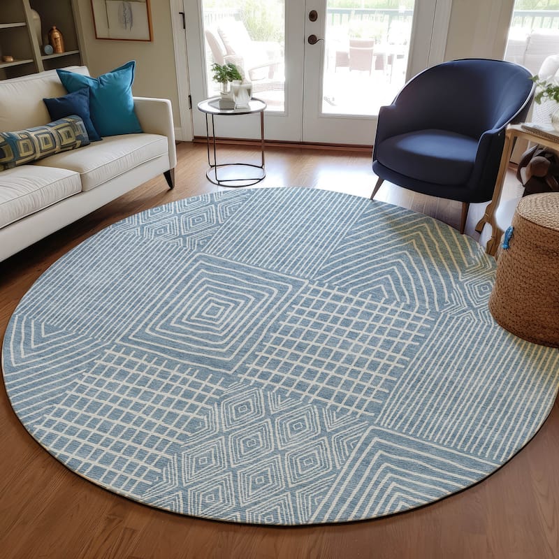 Machine Washable Indoor/ Outdoor Geo Patchwork Chantille Rug - Denim - 8' x 8'
