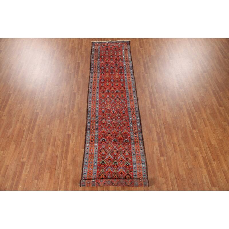 Hand Knotted Oriental 100% Wool Carpet Traditional All-Over Red Heriz Runner Rug - 13' 10'' X 3' 4''