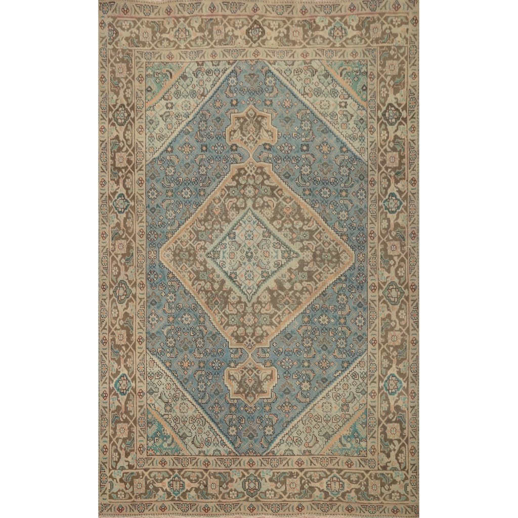 Hand Knotted Oriental 100% Wool Carpet Traditional Floral Navy Blue & Blues Tabriz Area Rug - 9' 3'' X 6' 3''