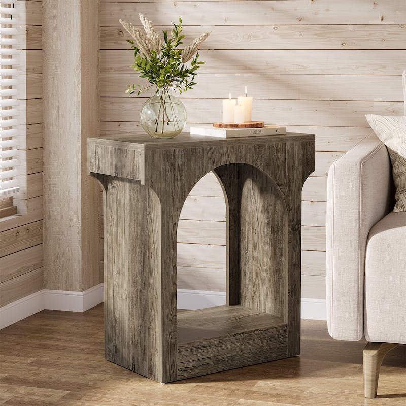 2 Tier Wood End Side Table with Innovative Arched Design - Grey(1PC)