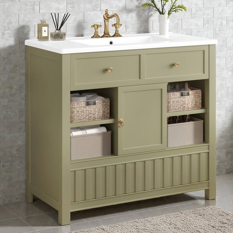 36" Bathroom Vanity with Sink, Solid Wood & MDF Cabinet with Door, Drawer and Open Storage Shelves