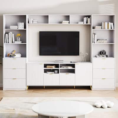 Modern 4-piece Multifunctional TV Stand Media Storage Cabinet with Fluted Line Surface and Cabinets