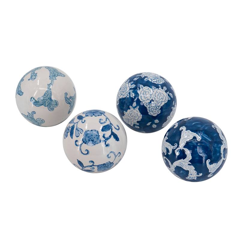 Floral Ceramic Orb Decorations - 4" - White and Blue - Set of 4