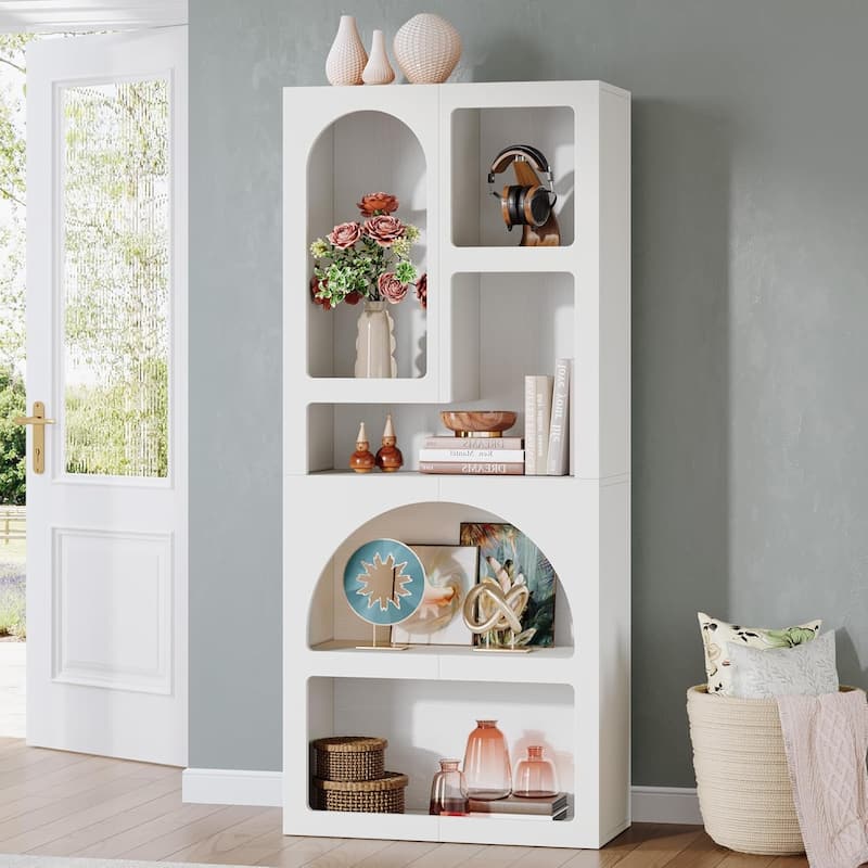 70 Inches Tall White Arched Bookcase with 5 Irregular Storage Shelves