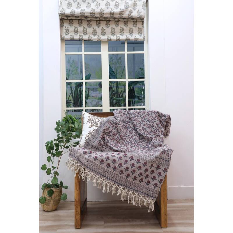 Fabdivine Kamal Dutta Handwoven Cotton Throw Blanket - Floral Block Print, Cozy Sofa & Bed Accent with Natural Fringe, 90"x54"