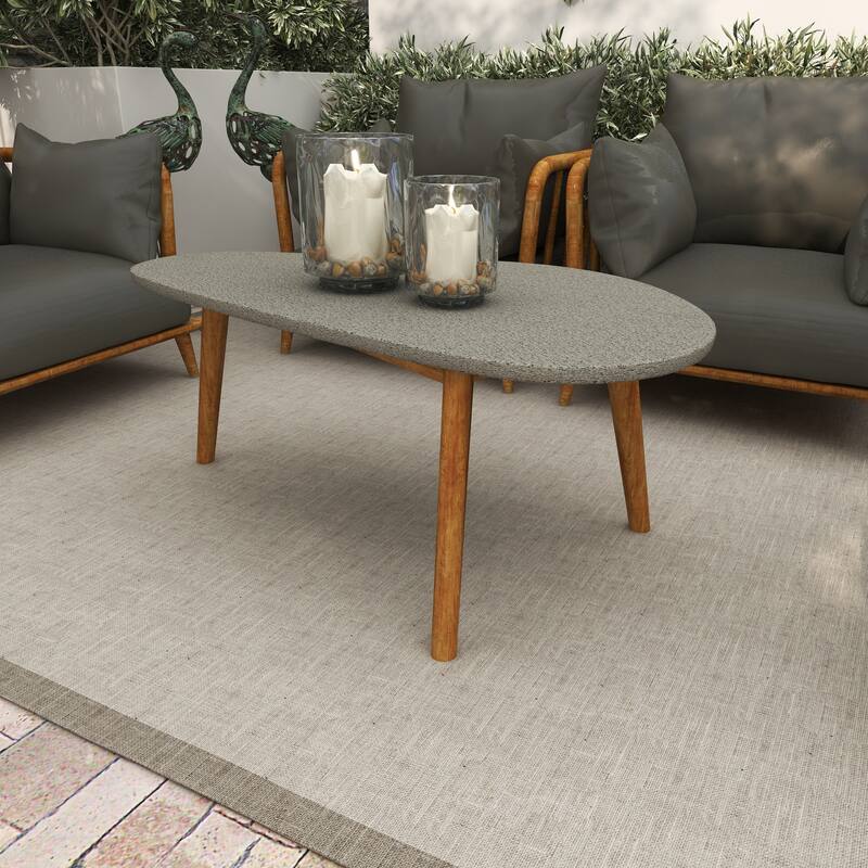 Gray Concrete Inspired Oval End Table Outdoor Accent Table with Brown Tapered Wood Legs