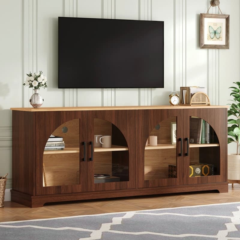 Farmhouse 66.9" TV Stand for TVs Up to 70", Wood Media Console with Adjustable Shelves and Glass Doors