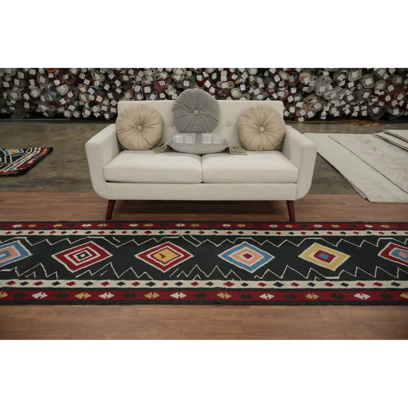 Hand Woven Oriental 100% Wool Carpet Southwestern Tribal Black Kilim Runner Rug - 15' 1'' X 3' 2''
