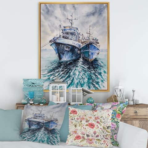 Designart 'Two Fishing Boats Before A Storm Anchored' Nautical & Coastal Framed Canvas Wall Art Print