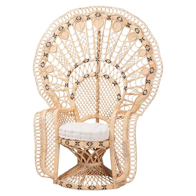Nafisa Natural Rattan Peacock Chair - Handwoven Wicker Accent Chair with Fan Backrest and Removable Cushion, Boho Accent Seating - Natural Brown