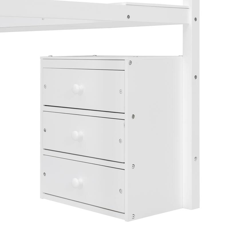 Roomfitters Twin/Full Size Loft Bed with Desk, Two Chests of Storage Drawers and Lighting