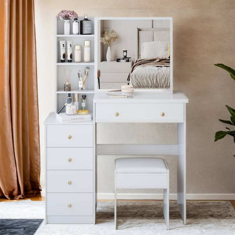 37" Full-Size Vanity Set with Sliding Mirror & Cushioned Stool